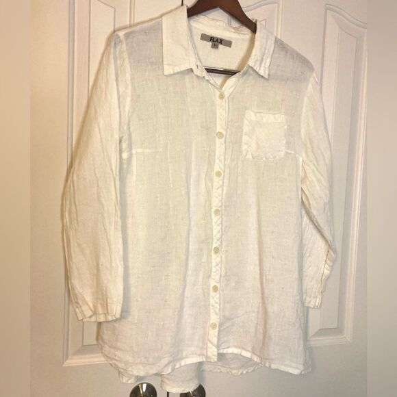 Flax 100% Linen Textured White Long Sleeve Ivory Classic One Pocket Button Down - Picture 2 of 8